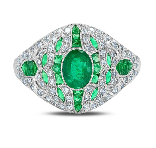 Art Deco Oval Cut Columbian Emerald And Diamond Platinum Ring Vintage