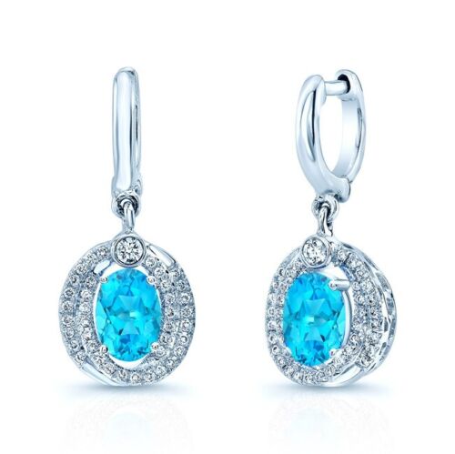 14K White Gold 1.70 CT Swiss Blue Topaz Diamond Oval Drop Earrings