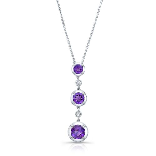 14K Gold 1.58 CT Graduated Amethyst Diamond Pendant Necklace