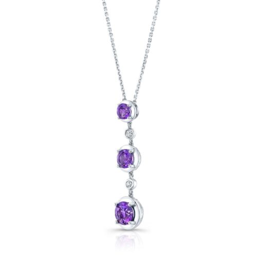 14K Gold 1.58 CT Graduated Amethyst Diamond Pendant Necklace