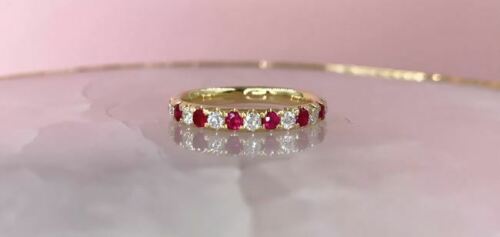 14K Gold 0.60 TCW Alternating Diamond Ruby Ring Band Women's Round